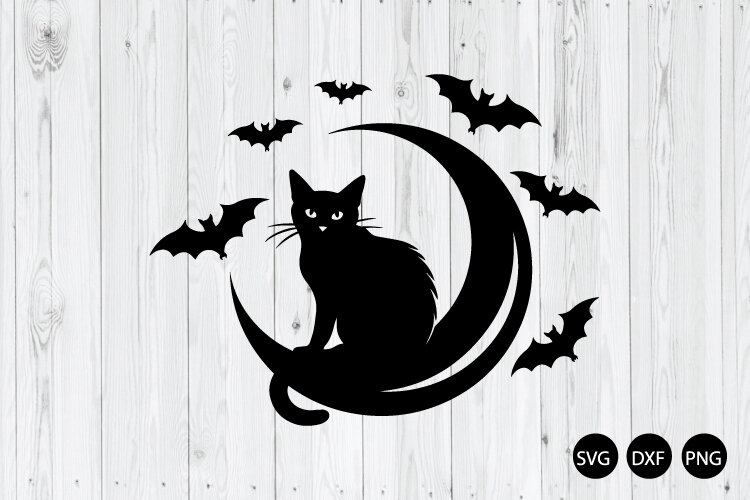Halloween Black Cat with Crescent Moon SVG, Creepy Cat SVG example image 1