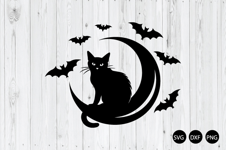 Halloween Black Cat with Crescent Moon SVG, Creepy Cat SVG