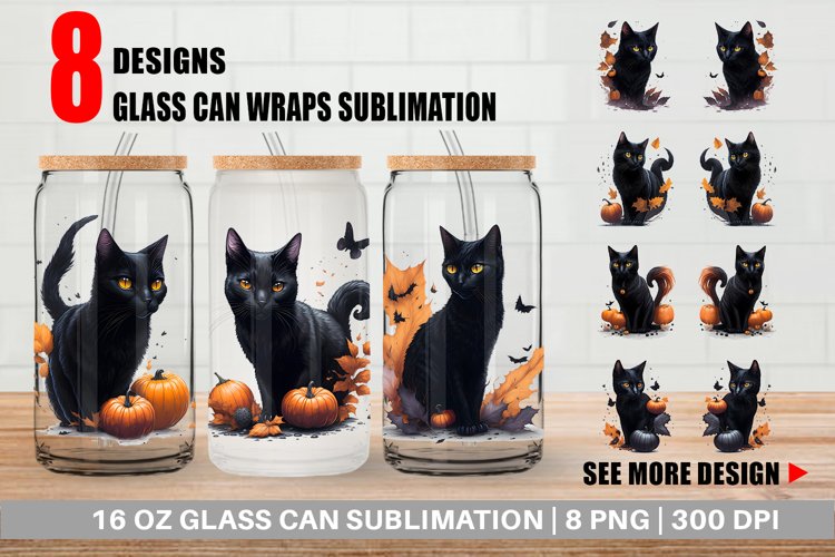 Black Cat Halloween Glass Can Wraps