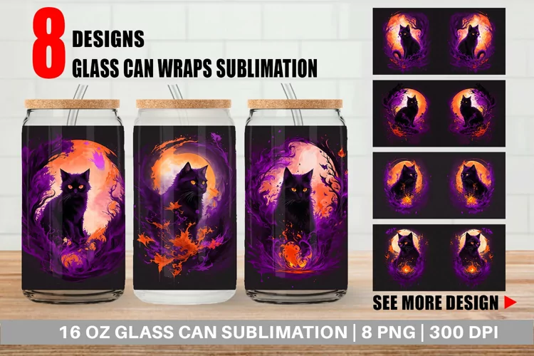 Black Cat Halloween Glass Can Wraps