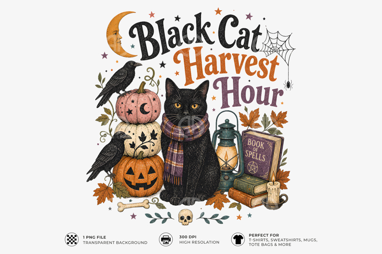 Black Cat Harvest Hour Halloween Sublimation T-Shirt Design