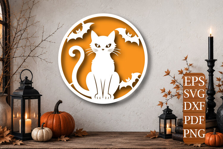 Black Cat Moon Circle Laser Cut SVG example image 1