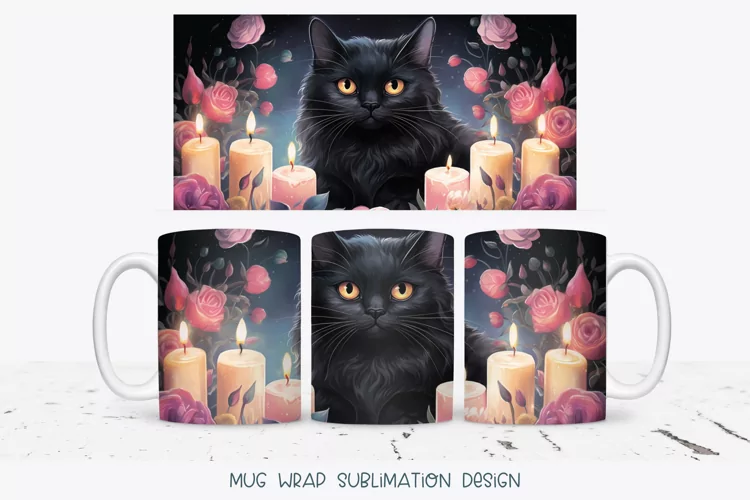 Black Cat Mug Wrap | Watercolor Cat Sublimation | Cat Png