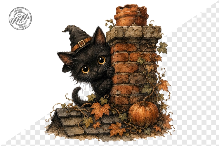 Black Cat Peeking from Rustic Chimney Halloween PNG