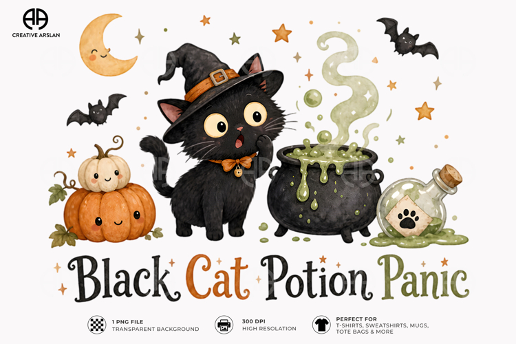 Black Cat Potion Panic PNG Witch | Halloween T-shirt Design
