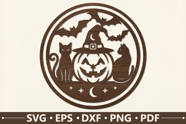 Black Cat Pumpkin Halloween Round SVG Design