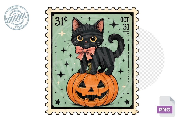 Black Cat Pumpkin Halloween Stamp PNG Sublimation Design-
