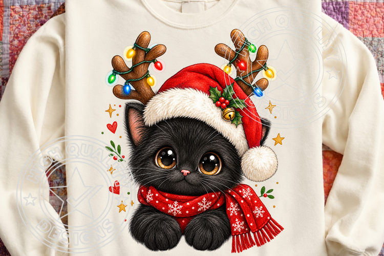 Black Cat Santa Hat Christmas PNG