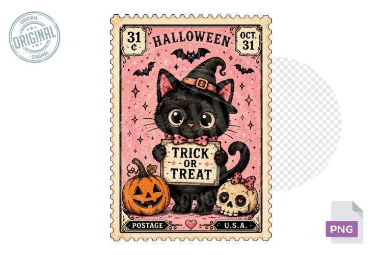 Black Cat Trick or Treat Halloween Stamp PNG Design Art