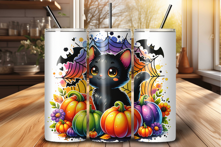 Cute Halloween Black Cat Pumpkin 20 oz Tumbler Wrap PNG