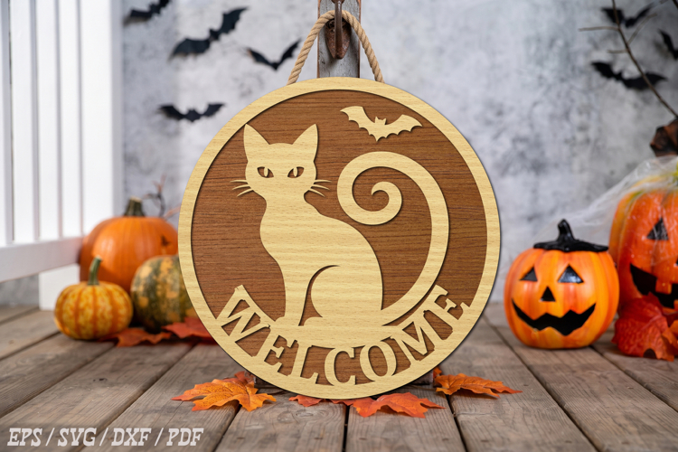 Black Cat Welcome Round Door Hanger SVG,Halloween Cat Laser