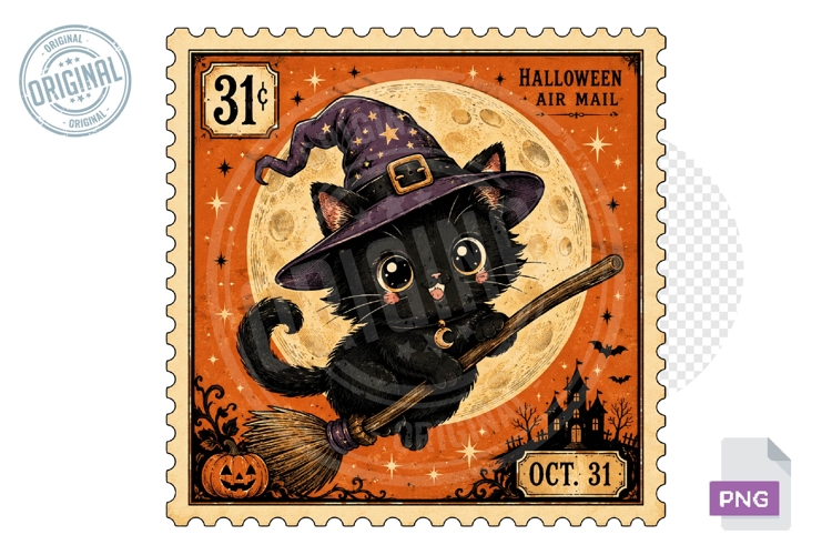 Black Cat Pumpkin Halloween Stamp PNG Sublimation Design