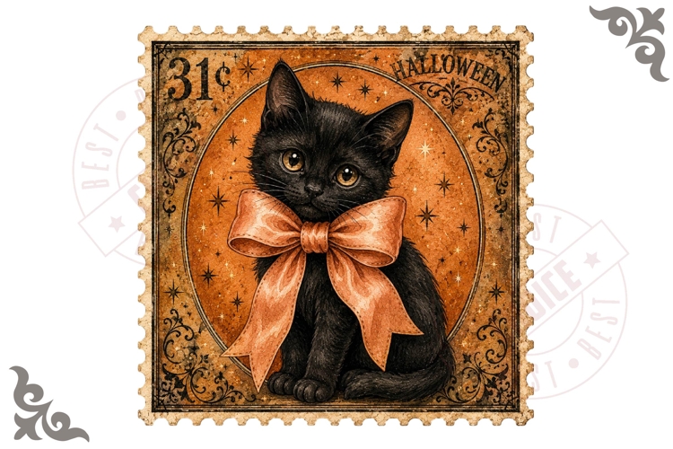 Black Cat With Bow Vintage Halloween Stamp PNG