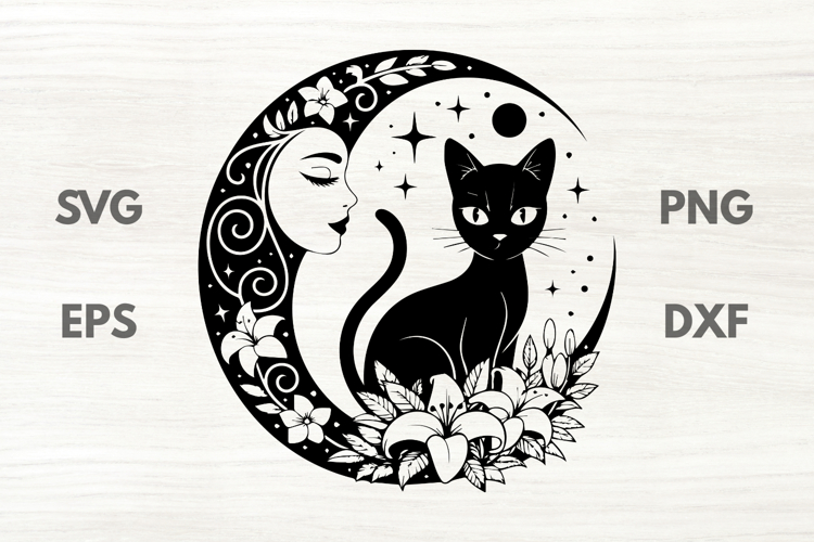 Black Cat with Mystical MoonLady SVG