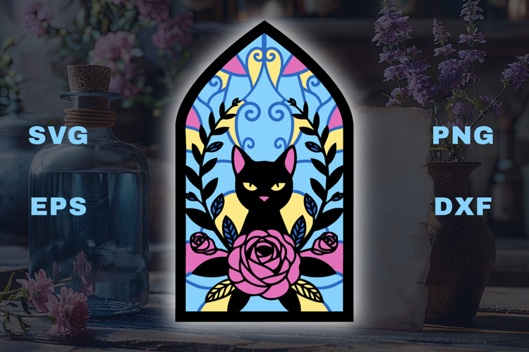 Black Cat with rose and laurel - 5 SVG layers