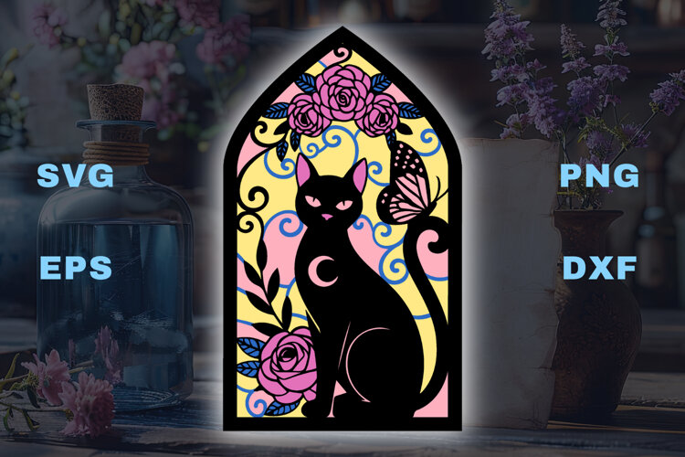 Black Cat with roses and butterfly - 5 SVG layers example image 1