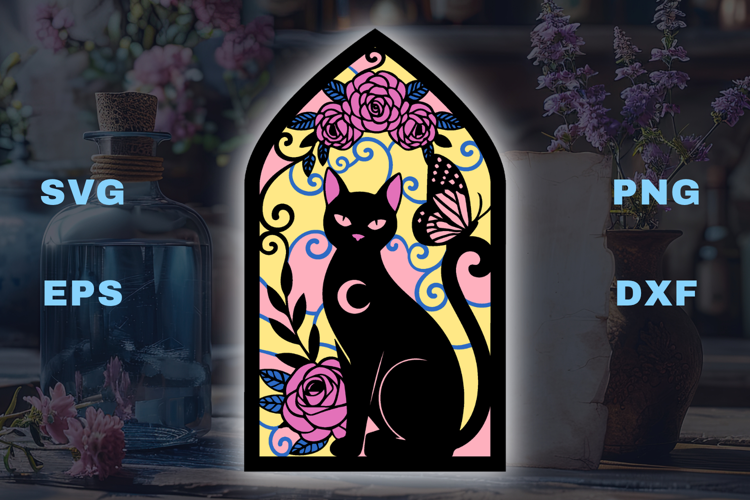 Black Cat with roses and butterfly - 5 SVG layers