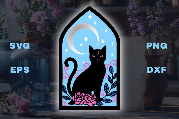 Black Cat with roses and moon - 5 SVG layers