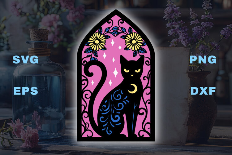 Black Cat with stars and flourishes - 4 SVG layers example image 1