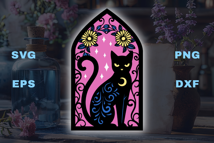Black Cat with stars and flourishes - 4 SVG layers