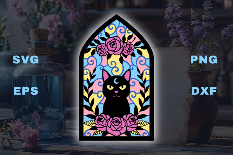 Black Cat with swirls and roses - 6 SVG layers example image 1