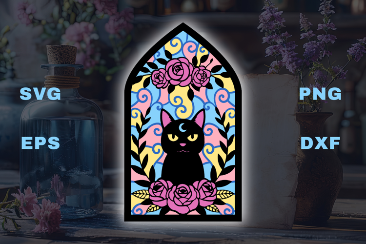 Black Cat with swirls and roses - 6 SVG layers