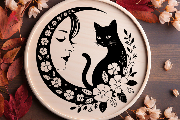 Black Cat with Floral Moon SVG