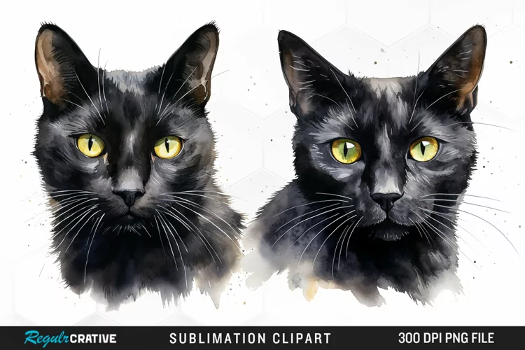 Watercolor Black Cats Sublimation PNG Clipart