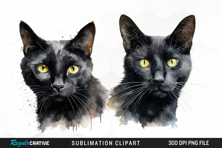 Watercolor Black Cats Sublimation PNG Clipart