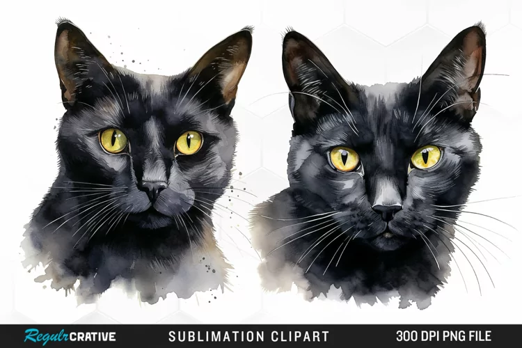 Watercolor Black Cats Sublimation PNG Clipart