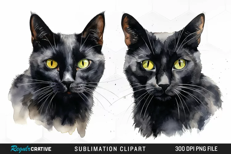 Watercolor Black Cats Sublimation PNG Clipart