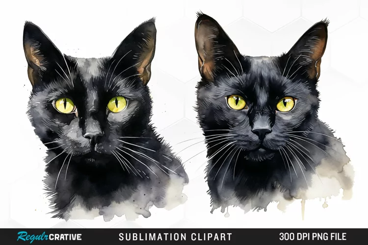 Watercolor Black Cats Sublimation PNG Clipart