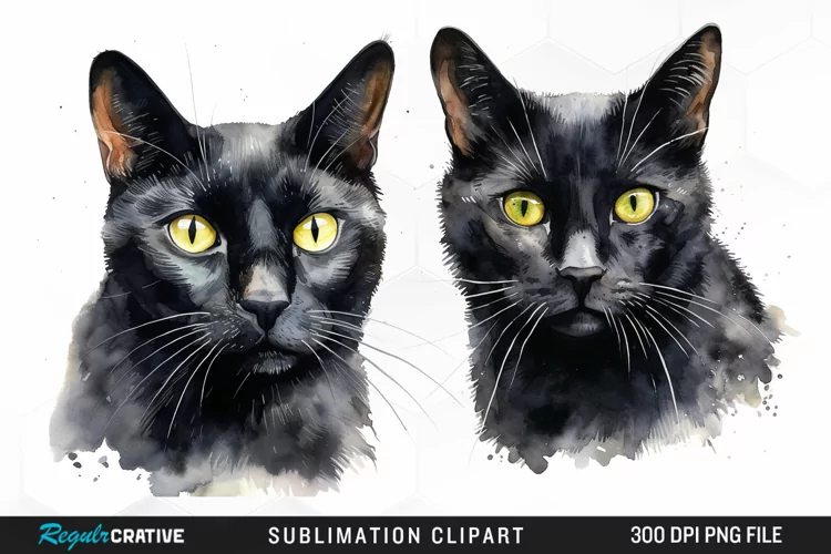 Watercolor Black Cats Sublimation PNG Clipart