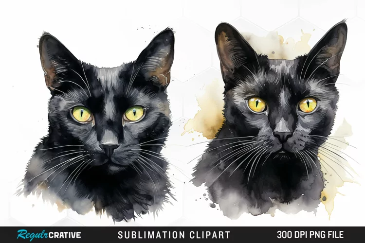 Watercolor Black Cats Sublimation PNG Clipart