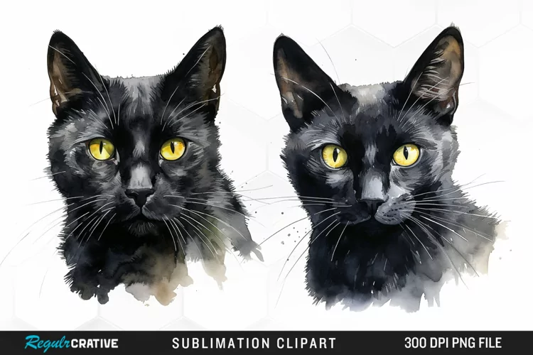 Watercolor Black Cats Sublimation PNG Clipart