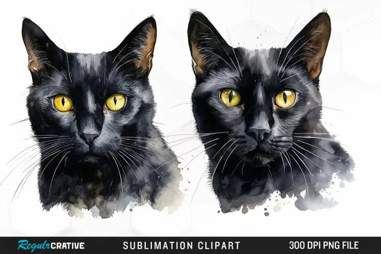 Watercolor Black Cats Sublimation PNG Clipart