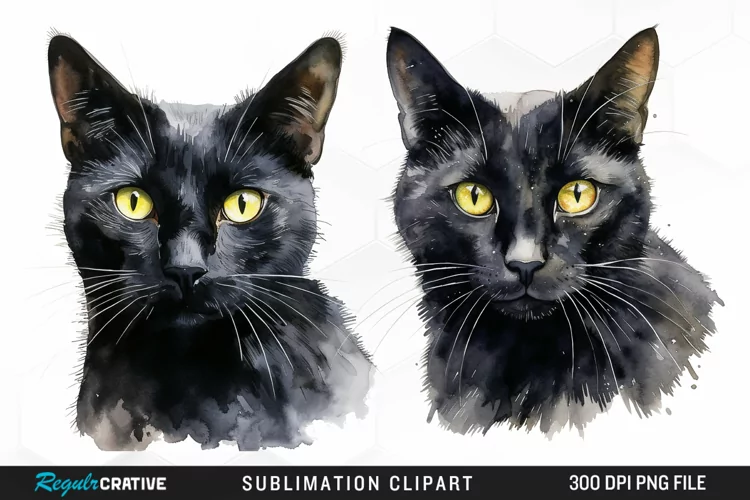 Watercolor Black Cats Sublimation PNG Clipart