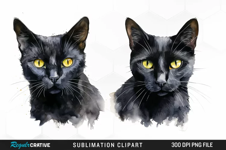 Watercolor Black Cats Sublimation PNG Clipart