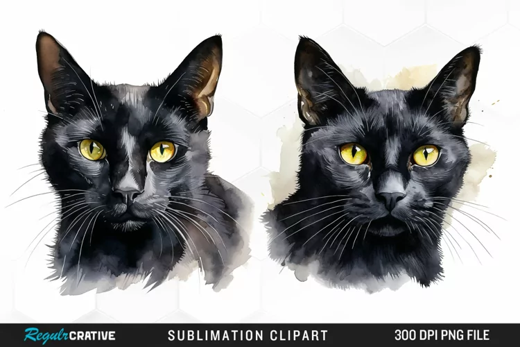 Watercolor Black Cats Sublimation PNG Clipart