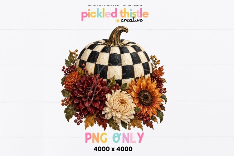 Textured fall graphic showing a checkerboard pumpkin framed by burgundy flowers, a cream mum, orange sunflower, berries and muted olive leaves.