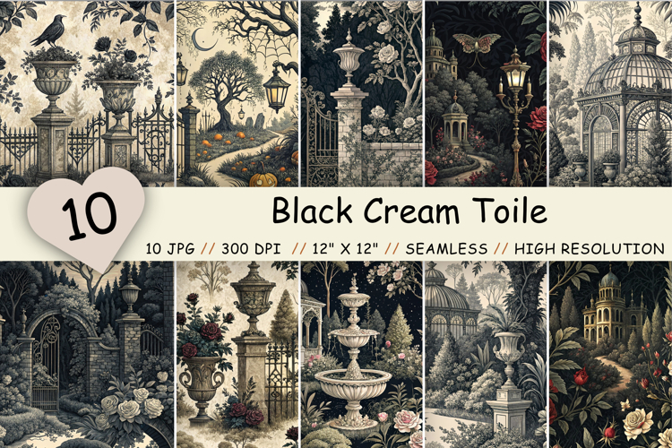 Black Cream Toile Digital Paper Pack, Seamless Dark Pattern