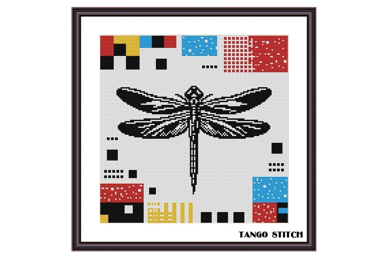 Black dragonfly silhouette abstract cross stitch pattern