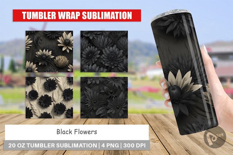 Tumbler Sublimation Wrap Black Flowers
