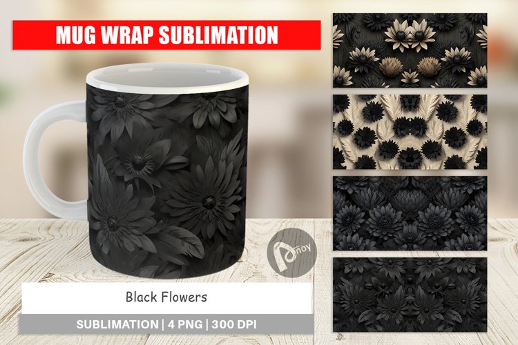 Mug Wrap Design Black Flowers