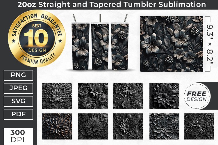 3D Black Flowers Tumbler Sublimation, 20oz 10 Tumbler wrap