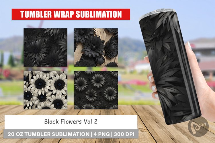 Tumbler Sublimation Wrap Black Flowers