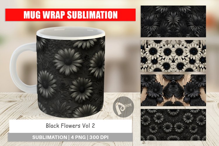 Mug Wrap Design Black Flowers