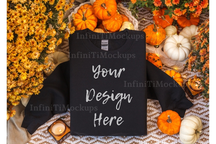 Black Gildan 18000 Sweatshirt mockup flatlay Fall Pumpkins