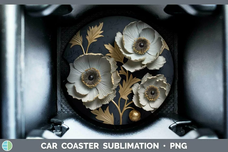 Black Gold Flowers Anemone Car Coaster Sublimation Coaster D