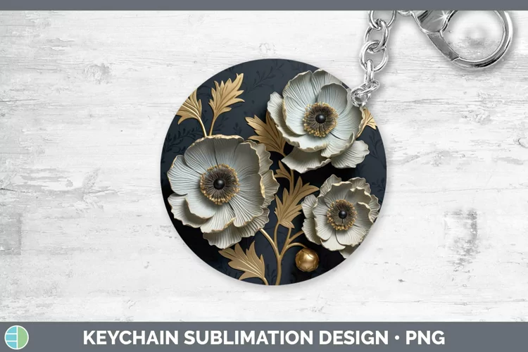 Black Gold Flowers Anemone Keychain Sublimation Keyring Desi